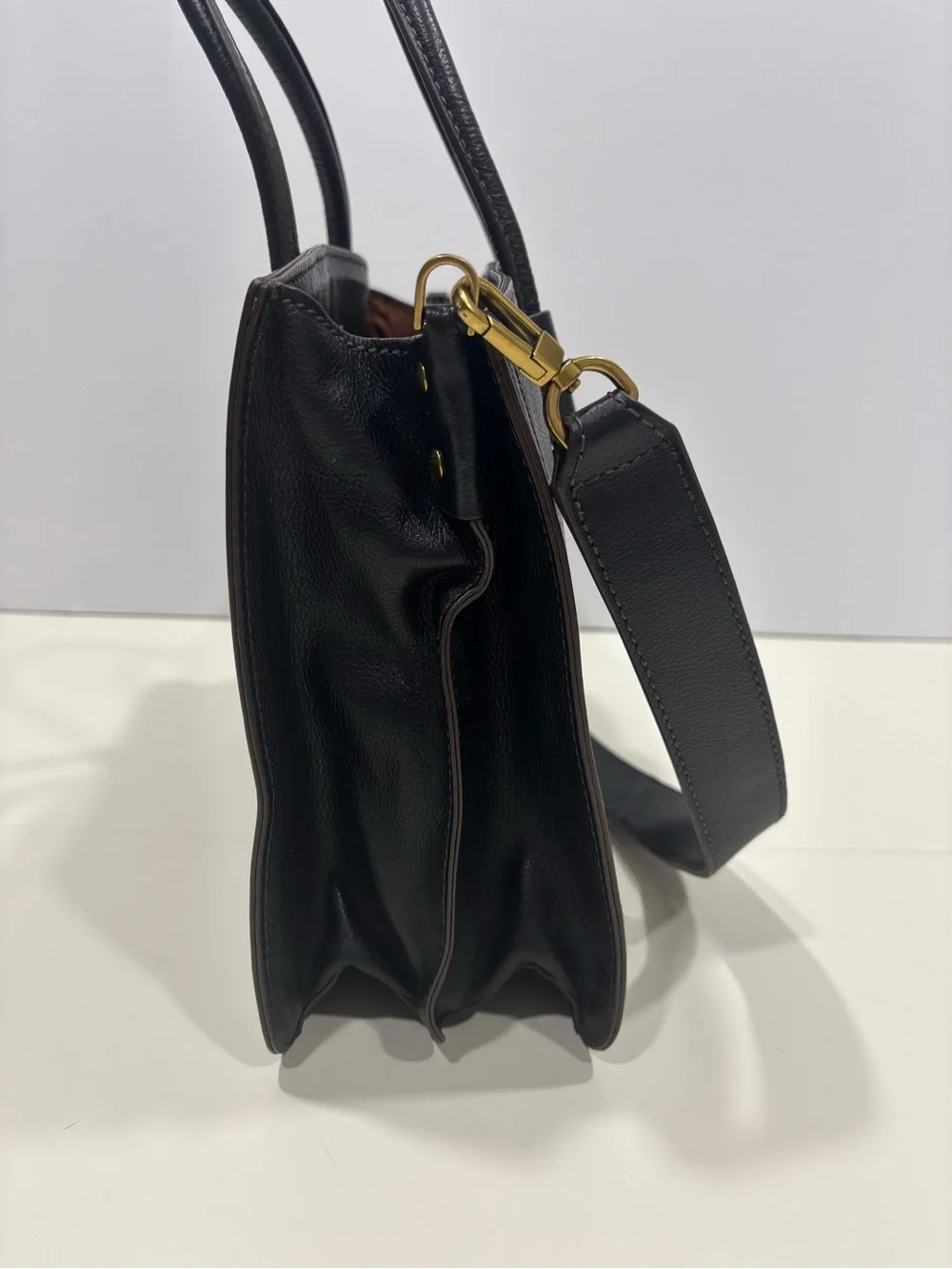 Fossil Black Leather Satchel with Dual Top Handles/shoulder strap